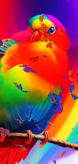 Vibrant rainbow bird art wallpaper with colorful abstract background.