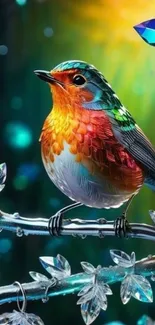 Vibrant rainbow-colored bird on a crystal branch in digital art.