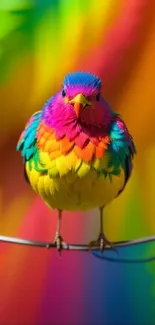 A vibrant, rainbow-colored bird perched on a wire with a colorful background.