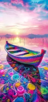 Colorful boat on a psychedelic sea with vibrant sunset.