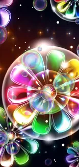 Vibrant rainbow bubble flowers on a cosmic background.