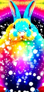 A vibrant rainbow bunny mobile wallpaper with sparkles and vivid colors.