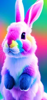 A cute bunny in vibrant rainbow colors with a whimsical background.