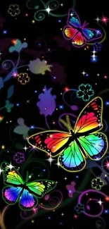 Vibrant rainbow-colored butterflies on black background.