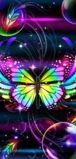 Vibrant rainbow butterfly with neon colors on dark background.