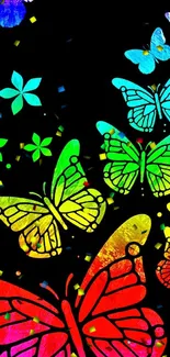 Colorful rainbow butterflies on a black background, perfect for mobile screen.