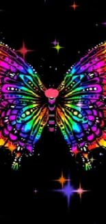 Colorful rainbow butterfly on black background wallpaper.