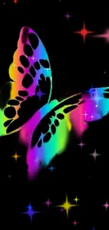 Vibrant rainbow butterfly with colorful wings on a black starry background.