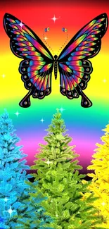 Vibrant wallpaper with rainbow trees and butterfly.