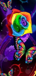 Vibrant rainbow butterfly and rose wallpaper.