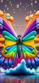 Vibrant rainbow butterfly with colorful design on a mobile wallpaper.