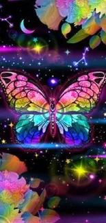 Vibrant rainbow butterfly with floral cosmic design on black background.