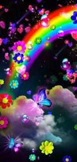 Colorful wallpaper with rainbow, butterflies, and flowers.