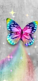 Rainbow butterfly and stars over gray background.