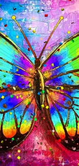 Vibrant rainbow butterfly on colorful background.