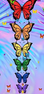 Colorful rainbow butterflies on pastel purple background wallpaper.