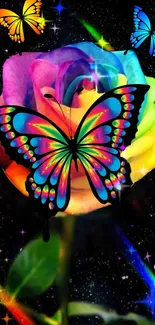 Vibrant rainbow butterfly with cosmic background on mobile wallpaper.