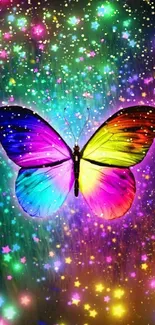 Vibrant butterfly with rainbow colors surrounded by colorful stars on a phone wallpaper.