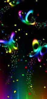 Vibrant neon butterflies with rainbow hues on a black background.