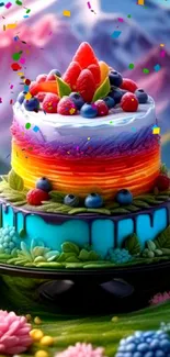 Vibrant cake art with rainbow colors on a scenic backdrop.