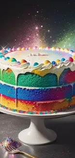 Rainbow galaxy cake with stars on a sleek stand for mobile wallpaper.