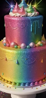 Whimsical vibrant rainbow cake with glitter effects.