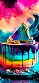 Vibrant rainbow cake with colorful, dripping icing; perfect phone wallpaper.