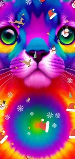 Vibrant rainbow-colored cat art with psychedelic design.