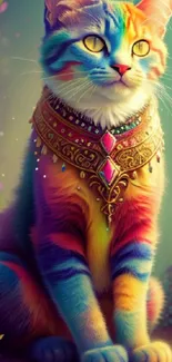 Majestic cat with rainbow fur and ornate necklace in a floral setting.