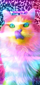 Colorful rainbow cat with leopard pattern background.