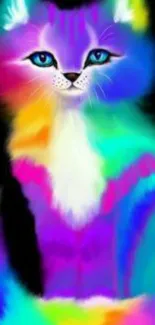 Colorful rainbow cat illustration on black background, vibrant and whimsical.