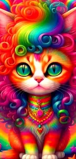 Rainbow cat with vibrant curls on colorful background.