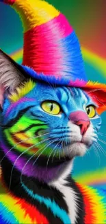 Vibrant rainbow cat with neon colors and playful charm in a hat.