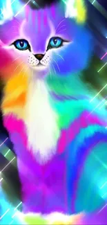 Vibrant neon rainbow cat art on dark background.