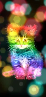 Vibrant rainbow-colored cat on dark background.