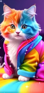 Colorful cat with rainbow fur on a bright mat.