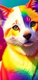 A vibrant, rainbow-colored cat with vivid hues against a colorful background.