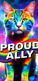 Rainbow cat with 'Proud Ally' text on cosmic background.