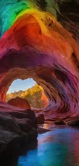 Vibrant cave glowing with rainbow hues and reflections above a still water stream.