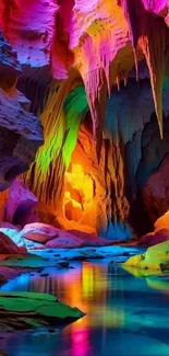 Vibrant rainbow-colored cavern with stunning reflections.