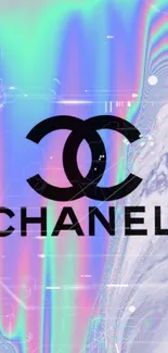 Chanel logo wallpaper with rainbow holographic design.