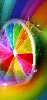 Vibrant rainbow citrus with swirling colors on a mobile wallpaper.