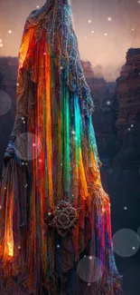 Mystical vibrant rainbow cloak over dark canyon backdrop, artistic wallpaper.