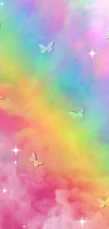 Colorful wallpaper with rainbow clouds and butterflies.