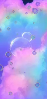 Mobile wallpaper with vibrant rainbow clouds and bubbles.