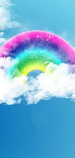 Mobile wallpaper with a rainbow over clouds and a blue sky.