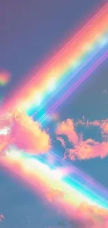 Colorful rainbow and pink clouds wallpaper for mobile.