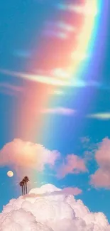 Vibrant rainbow over fluffy clouds with a serene blue sky.