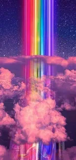 Rainbow beams through pink clouds at night with starry sky.