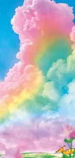 Vibrant rainbow clouds with pastel sky and flowers.